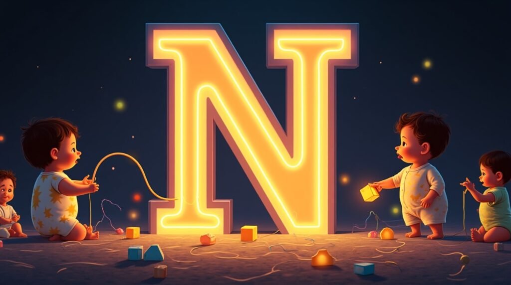Des bébés vêtus de bodies excentriques, jouant avec des jouets farfelus autour d’une lettre néon multicolore "N", flottant légèrement au-dessus du sol, créant une ambiance féerique et créative.