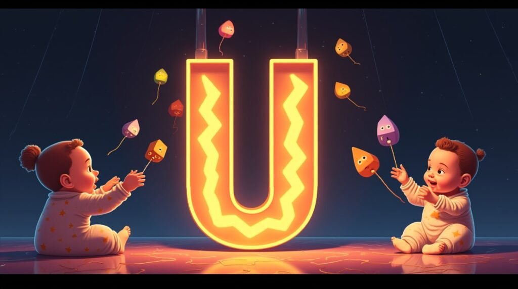 Des bébés en bodies excentriques, jouant avec des jouets farfelus autour d’une lettre néon multicolore "U", flottant légèrement au-dessus du sol, créant une atmosphère féerique et magique.