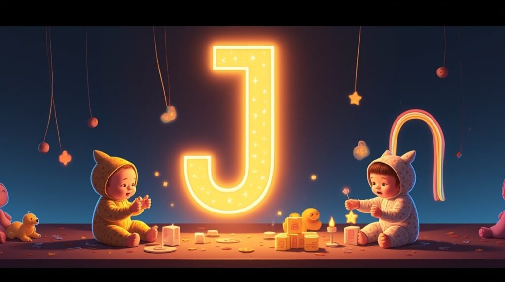 Des bébés vêtus de bodies excentriques, jouant avec des jouets farfelus autour d’une lettre néon multicolore "J", flottant légèrement au-dessus du sol, créant une ambiance magique et créative.
