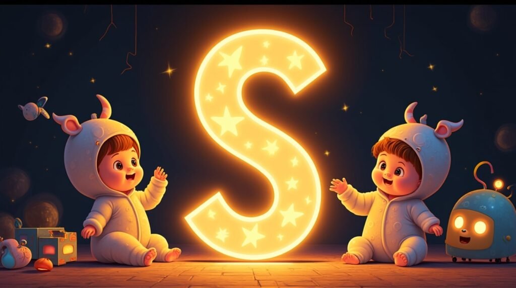 Des bébés vêtus de bodies excentriques, jouant avec des jouets farfelus autour d’une lettre néon multicolore "S", flottant légèrement au-dessus du sol, créant une ambiance féerique et créative.