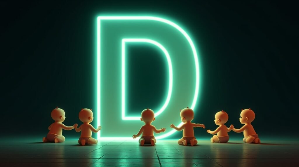 Des bébés, se tenant la main, assis en cercle autour d’une grande lettre néon verte "D", illuminés par une lumière douce et réconfortante.