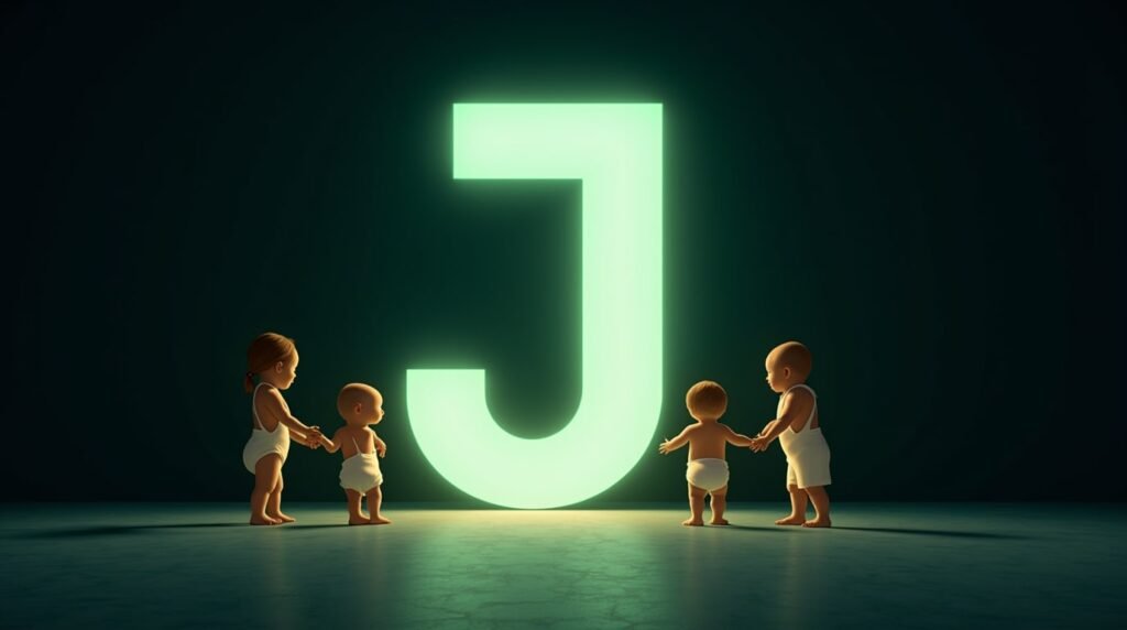 Des bébés se tenant la main, assis en cercle autour d’une grande lettre néon verte "J", baignés dans une lumière douce et chaleureuse.