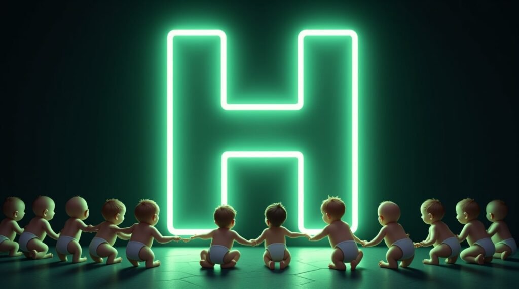 Des bébés se tenant la main, assis en cercle autour d'une lettre néon verte "H", baignant dans une lumière douce et chaleureuse.