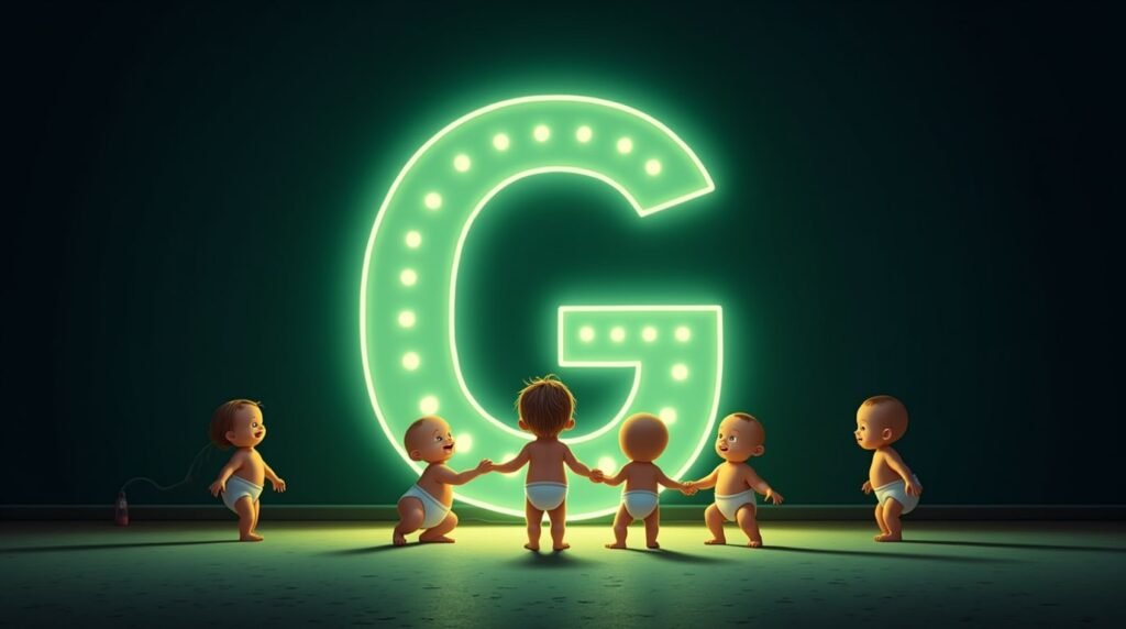 Des bébés assis en cercle, se tenant la main autour d’une grande lettre néon verte "G", illuminés par une lumière douce et apaisante.