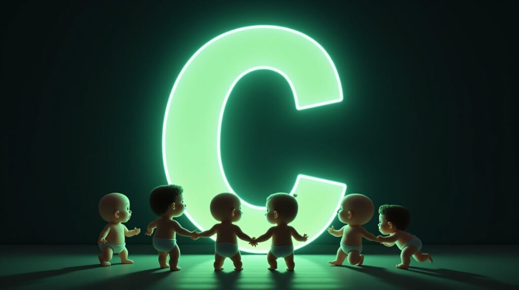 Des bébés assis en cercle, se tenant la main autour d’une grande lettre néon verte "C", baignés dans une douce lumière chaleureuse.