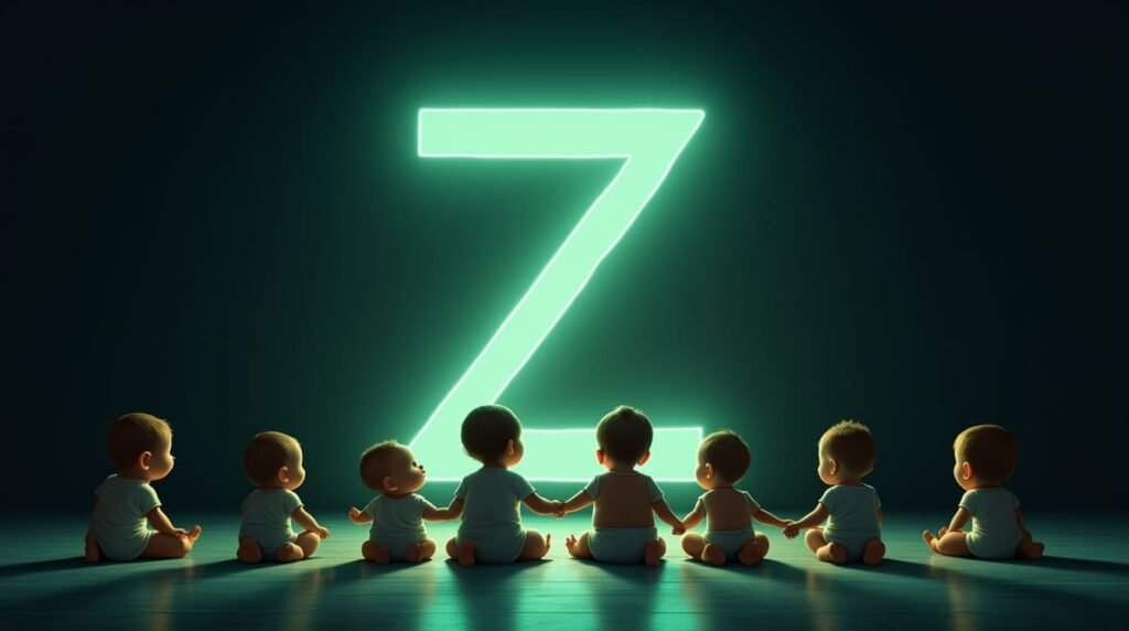 Des bébés se tenant la main, assis en cercle autour d’une grande lettre néon verte "Z", plongés dans une lumière douce et réconfortante.
