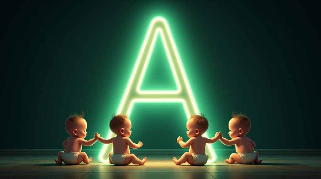 Des bébés se tenant la main, assis en cercle autour d'une grande lettre néon verte "A", baignant dans une lumière douce et chaleureuse.