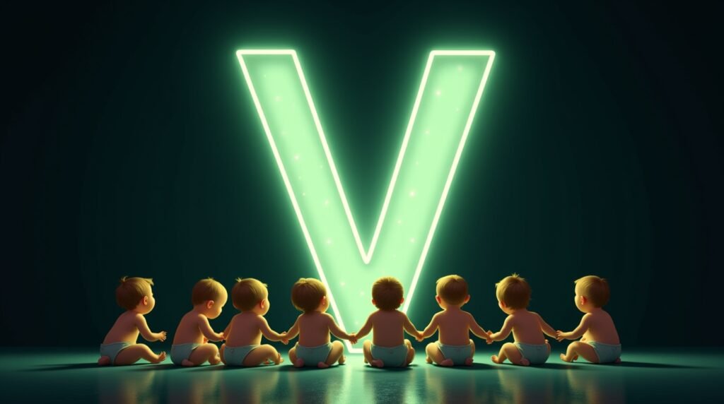 Des bébés se tenant la main, assis en cercle autour d’une grande lettre néon verte "V", baignant dans une lumière douce et réconfortante.