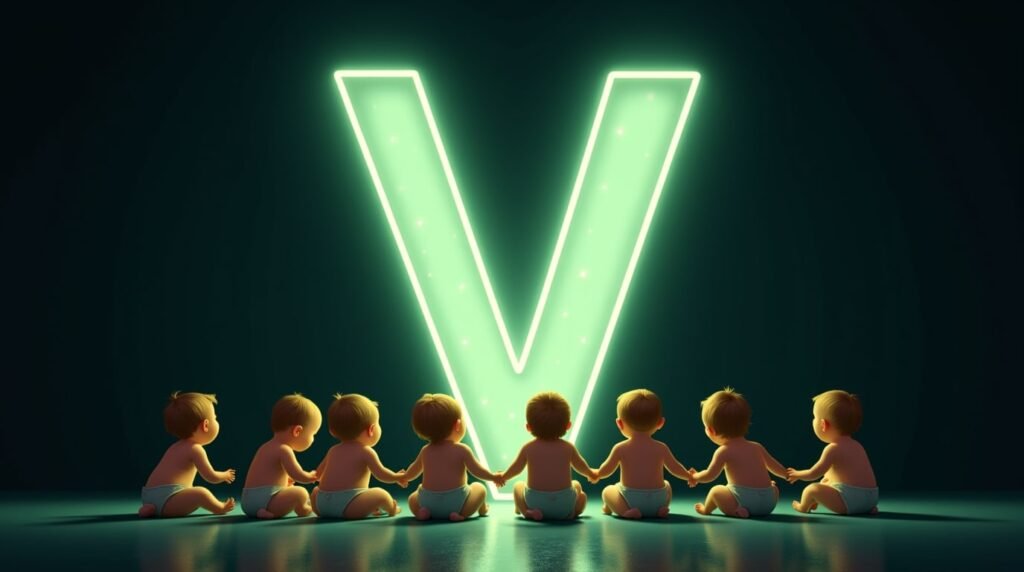 Des bébés, main dans la main, assis en cercle autour d'une grande lettre néon verte "V", baignés dans une lumière douce et réconfortante.