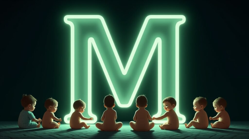 Des bébés se tenant la main, assis en cercle autour d’une grande lettre néon verte "M", baignés dans une lumière douce et apaisante.