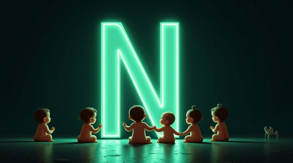 Des bébés se tenant la main, assis en cercle autour d’une grande lettre néon verte "N", baignant dans une lumière douce et chaleureuse.