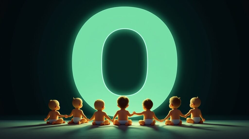 Des bébés se tenant la main, assis en cercle autour d’une grande lettre néon verte "O", baignés dans une lumière douce et apaisante.