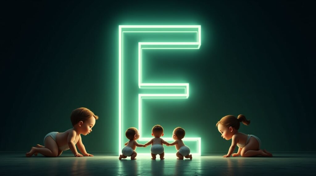 Des bébés, se tenant la main, sont assis en cercle autour d'une grande lettre néon verte "E", baignés par une lumière douce et apaisante.