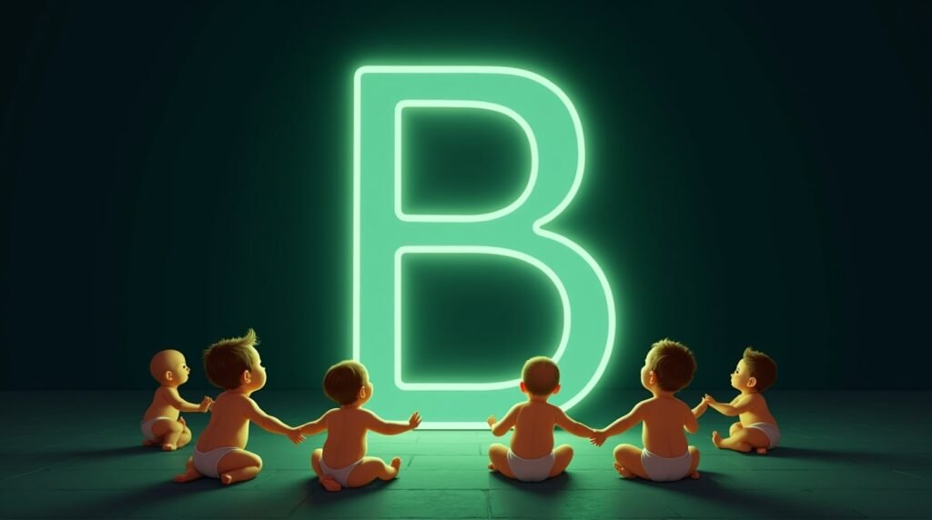 Des bébés se tenant la main, assis en cercle autour d’une grande lettre néon verte "B", baignés dans une lumière douce et chaleureuse.
