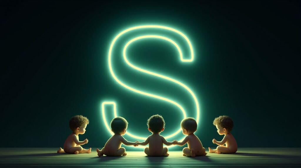 Des bébés, se tenant la main, assis en cercle autour d’une grande lettre néon verte "S", baignant dans une lumière douce et réconfortante.