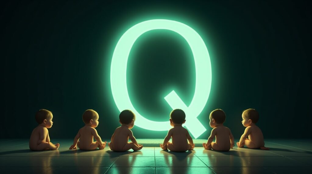 Des bébés se tenant la main, assis en cercle autour d’une grande lettre néon verte "Q", baignant dans une lumière douce et apaisante.