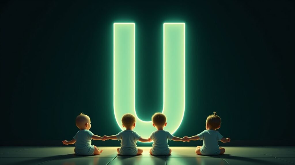 Des bébés se tenant la main, assis en cercle autour d’une grande lettre néon verte "U", baignant dans une lumière douce et apaisante.