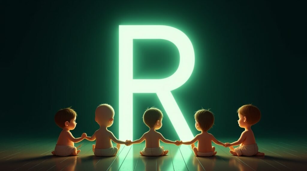 Des bébés se tenant la main, assis en cercle autour d’une grande lettre néon verte "R", baignés dans une lumière douce et apaisante.