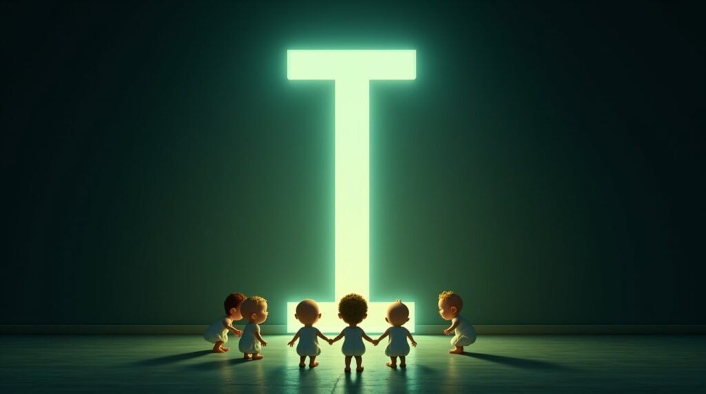 Des bébés se tenant la main, assis en cercle autour d’une grande lettre néon verte "I", baignant dans une lumière douce et réconfortante.