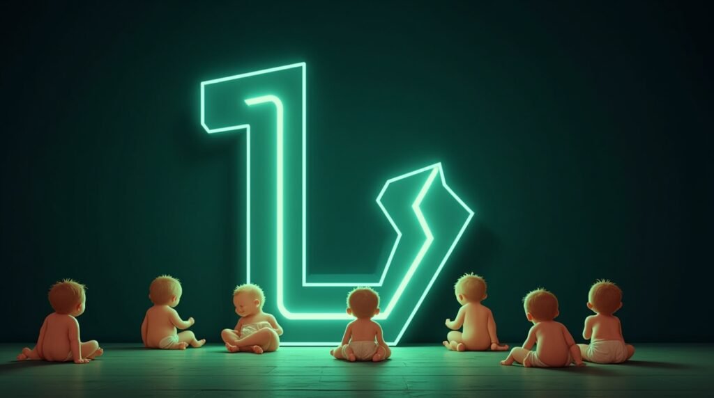 Des bébés, se tenant la main, assis en cercle autour d'une grande lettre néon verte "L", baignés dans une lumière douce et chaleureuse.