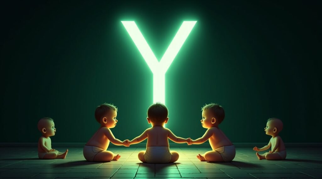 Des bébés se tenant la main, assis en cercle autour d’une grande lettre néon verte "Y", plongés dans une lumière douce et réconfortante.