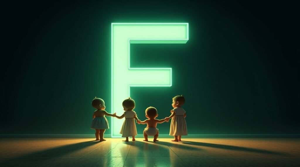 Des bébés se tenant la main, assis en cercle autour d’une grande lettre néon verte "F", sont illuminés par une lumière douce et apaisante.