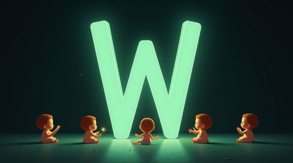 Des bébés se tenant la main, assis en cercle autour d’une grande lettre néon verte "W", baignés dans une lumière douce et apaisante.