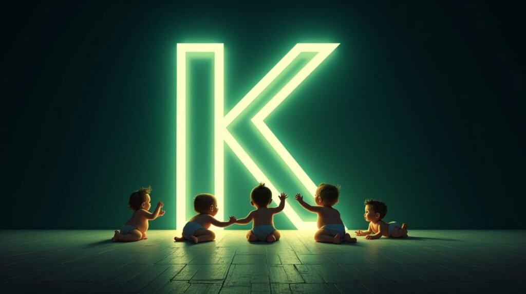 Des bébés, se tenant la main, assis en cercle autour d'une grande lettre néon verte "K", baignant dans une lumière douce et apaisante.