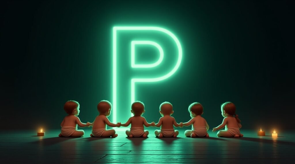 Des bébés se tenant la main, assis en cercle autour d’une grande lettre néon verte "P", baignés dans une lumière douce et apaisante.