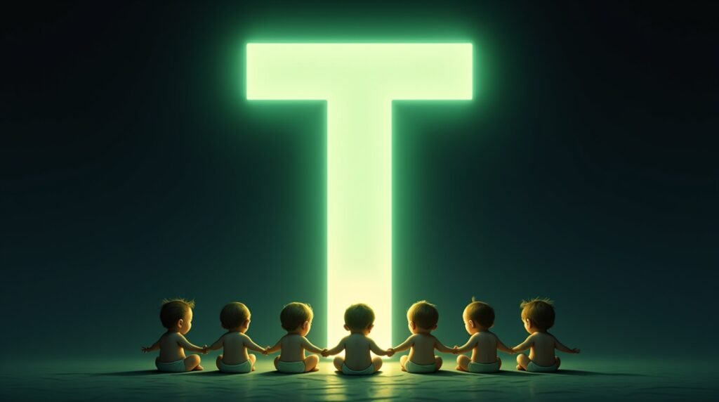 Des bébés, se tenant la main, assis en cercle autour d’une grande lettre néon verte "T", baignant dans une lumière douce et réconfortante.