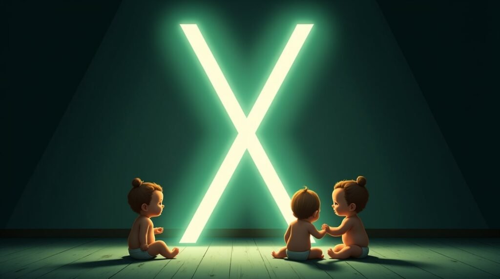 Des bébés se tenant la main, assis en cercle autour d’une grande lettre néon verte "X", baignés par une lumière douce et apaisante.