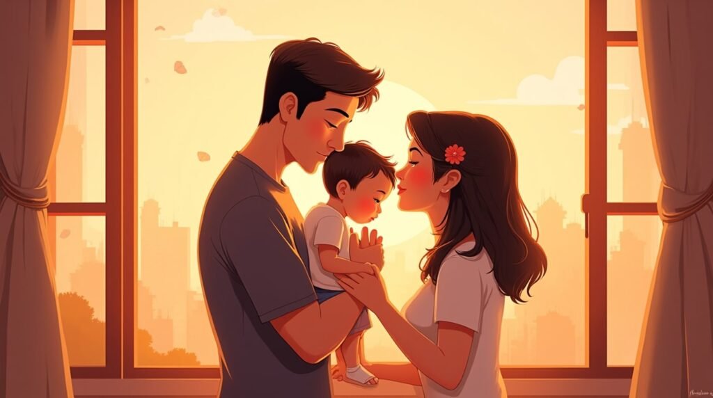 Un couple vietnamien serre tendrement son enfant dans ses bras, avec en toile de fond un paysage époustouflant de collines verdoyantes, de rivières sinueuses et de temples majestueux caractéristiques du Vietnam.