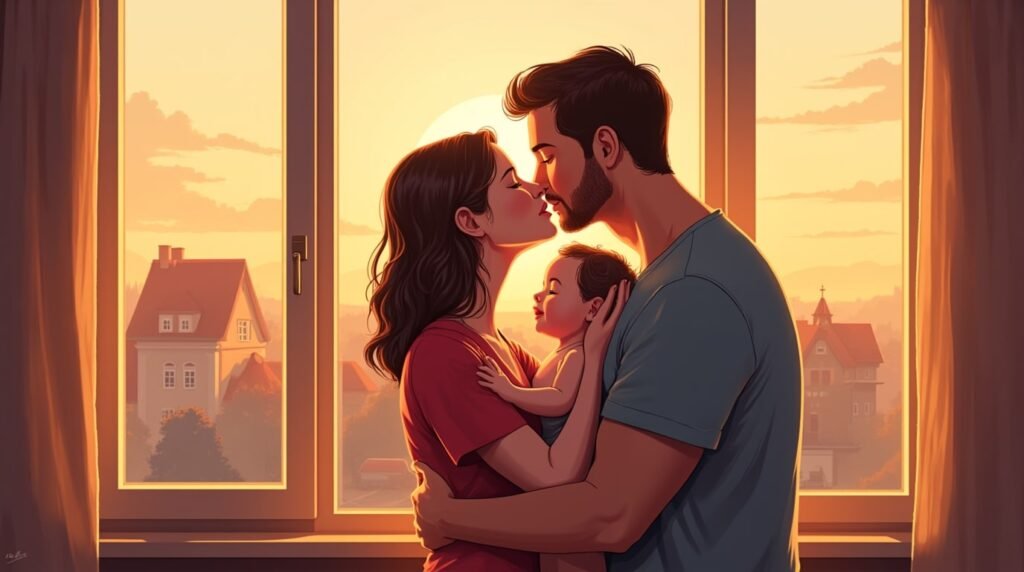 Deux parents allemands embrassent tendrement leur enfant, avec en toile de fond un paysage spectaculaire de forêts verdoyantes, de collines ondulées et de rivières sinueuses.