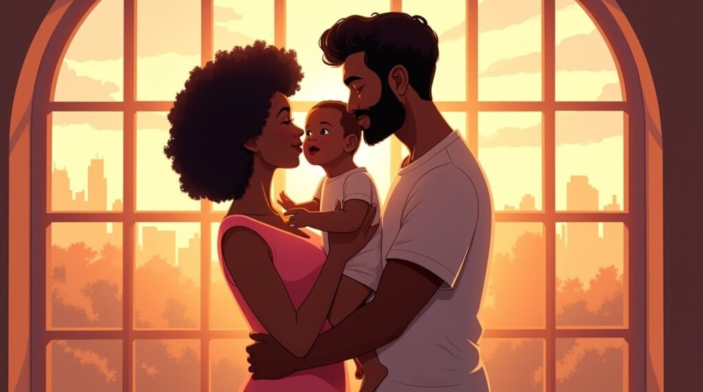 Un couple afro-américain serre tendrement son enfant dans ses bras, avec en toile de fond un paysage impressionnant de collines verdoyantes, de champs et de rivières sinueuses.