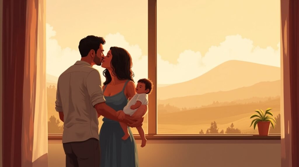 Deux parents colombiens embrassent tendrement leur enfant, avec en toile de fond un paysage spectaculaire de montagnes, de forêts tropicales et de rivières.