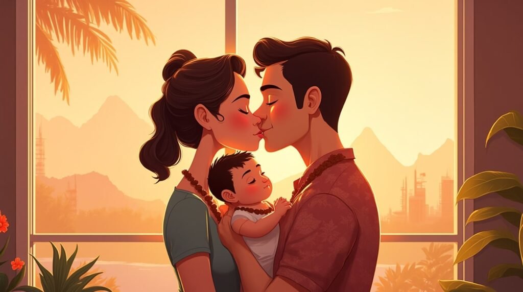 Un couple tahitien serre tendrement son enfant dans ses bras, avec en toile de fond un paysage à couper le souffle de plages ensoleillées, de montagnes volcaniques et de rivières sinueuses caractéristiques de Tahiti.