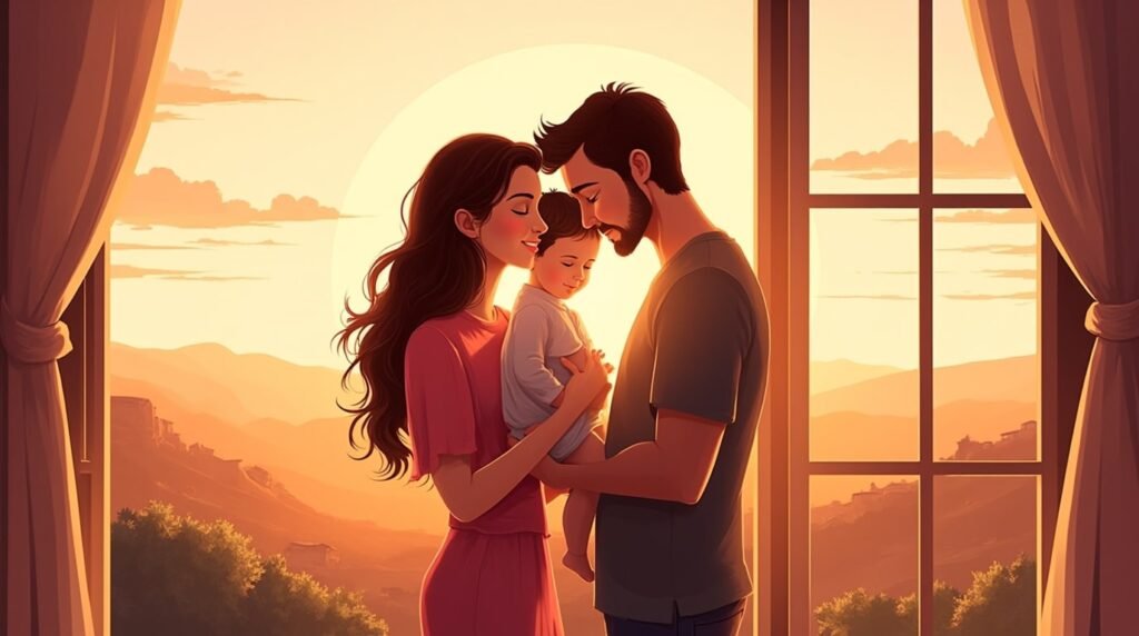 Deux parents espagnols embrassent tendrement leur enfant, avec en toile de fond un paysage montagneux de la Sierra de Madrid et des champs verts à perte de vue.