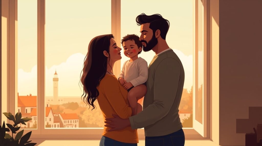 Deux parents basques embrassent tendrement leur enfant, avec en toile de fond un paysage spectaculaire de montagnes, de forêts de chênes et de prairies verdoyantes.