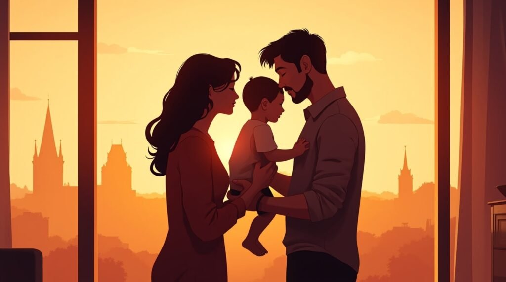 Un couple belge serre tendrement son enfant dans ses bras, avec en toile de fond un paysage impressionnant de collines verdoyantes, de canaux pittoresques et de vallées boisées.
