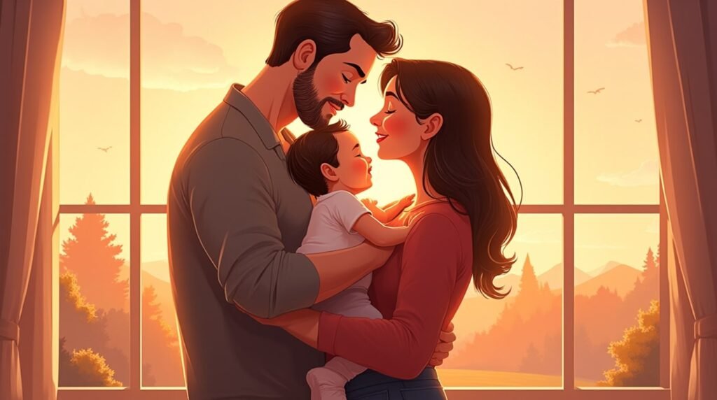 Un couple scandinave serre tendrement son enfant dans ses bras, avec en toile de fond un paysage à couper le souffle de montagnes escarpées, de forêts denses et de lacs paisibles caractéristiques de la Scandinavie.