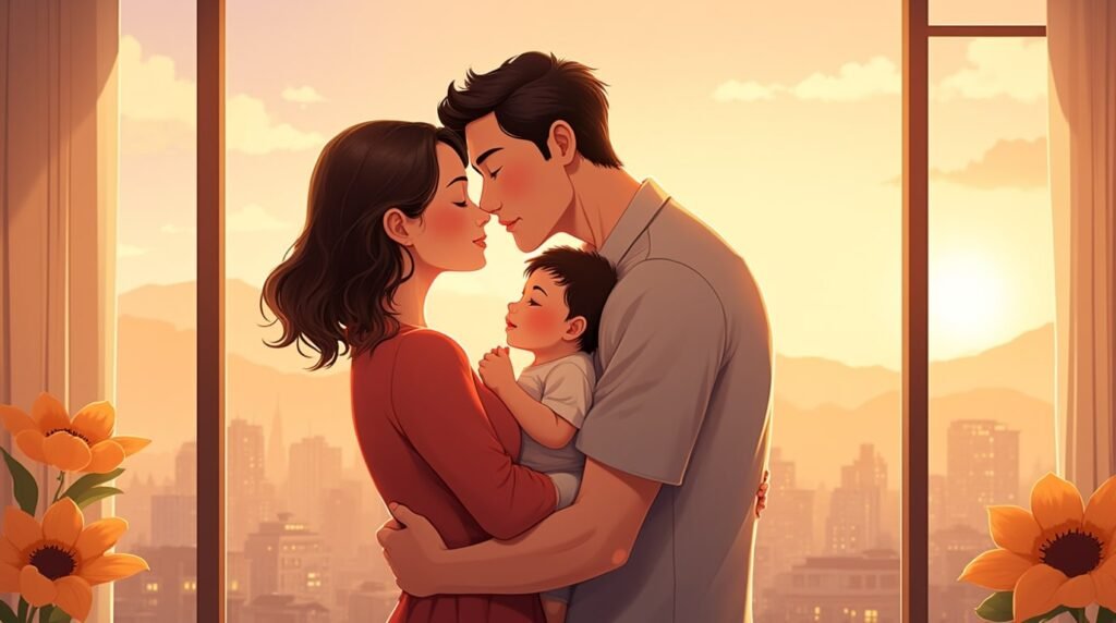 Un couple japonais serre tendrement son enfant dans ses bras, avec en toile de fond un paysage à couper le souffle de collines verdoyantes, de rivières sinueuses et de temples majestueux caractéristiques du Japon.