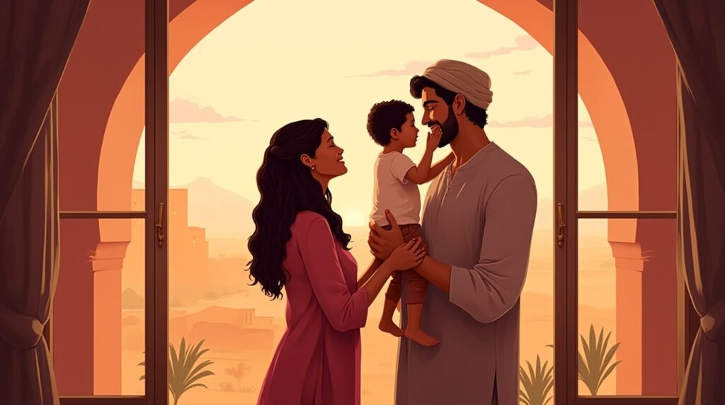 Deux parents marocains embrassent tendrement leur enfant, devant un paysage emblématique du pays : palmeraie, montagnes de l’Atlas et ciel clair en toile de fond.