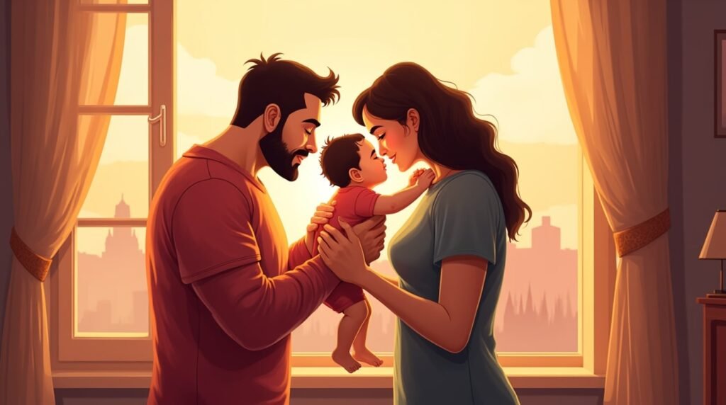 Un couple musulman serre tendrement son enfant dans ses bras, avec en toile de fond un paysage spectaculaire de collines verdoyantes, de vallées profondes et de rivières sinueuses caractéristiques de la région.