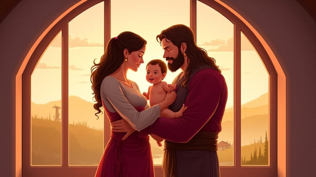 Deux parents vikings embrassent tendrement leur enfant, avec en toile de fond un paysage rude de montagnes et de forêts, caractéristiques des terres nordiques.