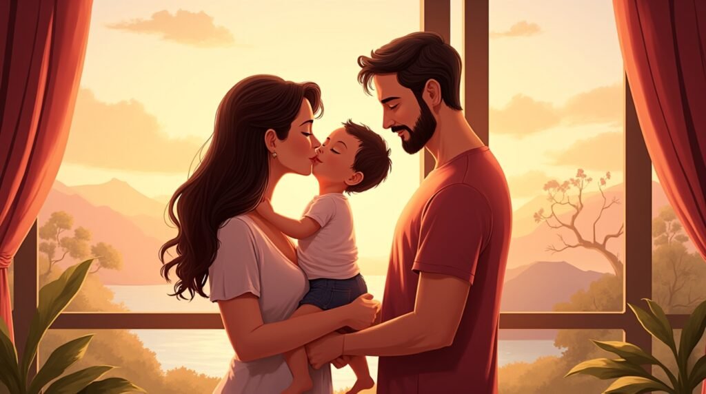 un papa et une maman thai en train de faire un bisou à leur petit garçon