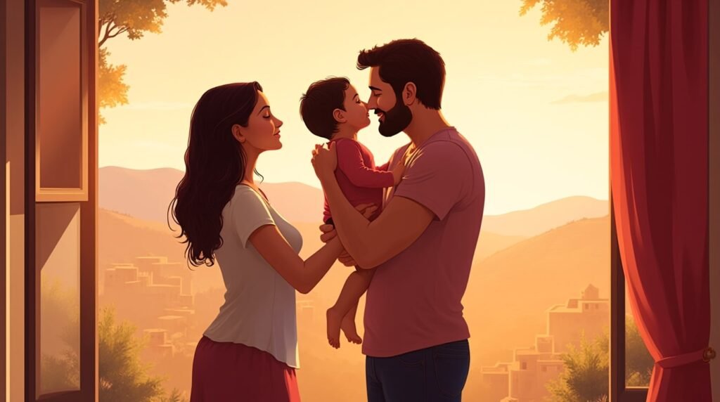 Deux parents corses embrassent tendrement leur enfant, avec en toile de fond un paysage sauvage de montagnes et de maquis, caractéristiques de l’île.