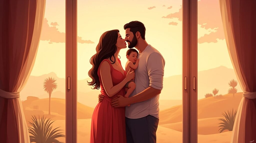 Un couple arabe serre tendrement son enfant dans ses bras, avec en toile de fond un paysage splendide de collines verdoyantes, de vallées et de rivières sinueuses.