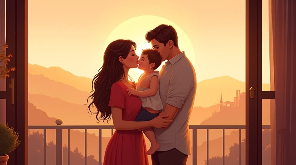 Deux parents italiens embrassent tendrement leur enfant, avec en toile de fond un paysage vallonné de la campagne toscane et des cyprès dressés sous un ciel azur.