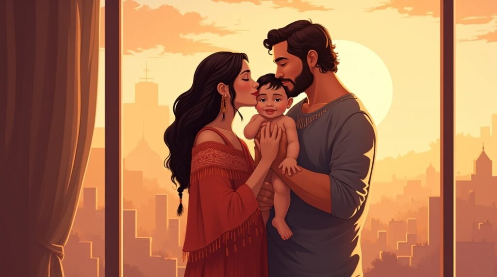 Deux parents amérindiens embrassent tendrement leur enfant, avec en toile de fond un paysage spectaculaire de collines ondulées, de forêts denses et de rivières sinueuses.