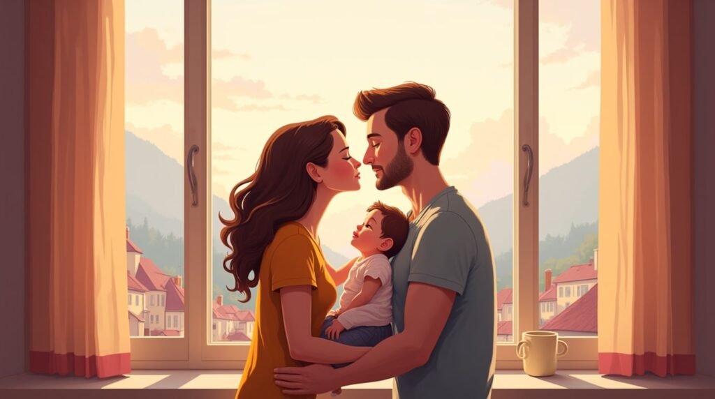 Deux parents autrichiens embrassent tendrement leur enfant, avec en toile de fond un paysage spectaculaire de montagnes, de forêts de pins et de prairies alpines.
